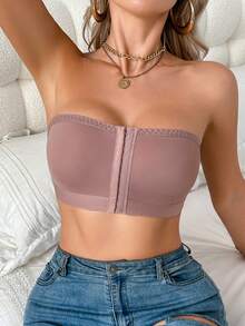 1pc Solid Color Casual - Comfortable Minimalist Knit Fabric Front Button Wireless Bralette For Women, All Season - Dusty Pink - View 5