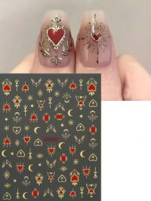 金色红色爱心星星月亮太阳美甲贴纸古铜色金属图腾Y2K美甲波西米亚蕾丝太阳系可爱美甲用品女士美甲装饰配件 - 彩色 - 查看 8