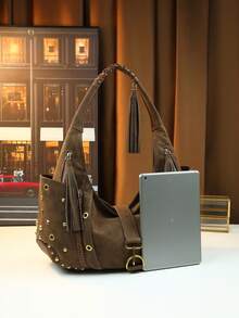 Borsa da viaggio alla moda e retrò con borchie e rivetti, borsa a tracolla a forma di raviolo, borsa da moto, borsa da pendolare di grande capacità - Castano - Visualizzare 5