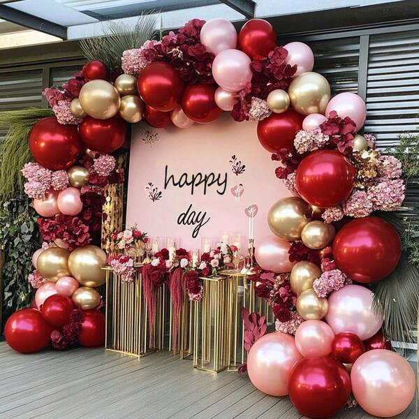 103pcs Burgundy Balloon Garland - Double Stuffed Ruby Red, Pink Pearl, Gold Balloon Arch Kit, Burgundy, Chestnut, Metallic Balloons For Girls, Ladies Birthday, Baby Shower, Bridal, Mother's Day, Engagement, Wedding, Gender Reveal, Anniversary, Valentine's Day Party Decor