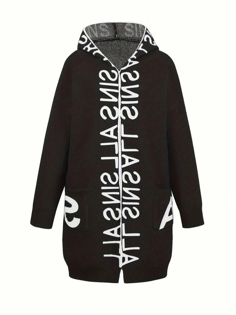 Sudadera con capucha de mujer con diseño de letra, estilo casual minimalista, de punto suave y cálido, de manga larga