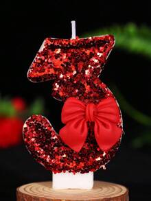 1pc DIY Red Bow Number Birthday Candle, 0-9 Cake Decor Party Accessory - Romantic Party Supplies For Singles Party, Birthday, Graduation Ceremony And Theme Party - Red - View 4