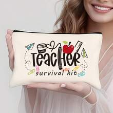 Preppy Style 1/5/10-Pack Canvas Cosmetic Cases For Teachers – Portable Zippered Pouches For Makeup, Stationery, Jewelry Storage – Teacher Life & Survival Kit Printed Designs – Hand-Washable, Multi-Purpose Gift Bags For School, Home – Ideal For Teacher Appreciation, Back To School, Graduation, Thanksgiving, Christmas Gifts Makeup Bag Make Up Bag Makeup Pouch Cosmetic Bag Toiletry Bag Wash Bag Travel Essential Cruise Essentials Vacation Essentials For Men Women - Beige - View 8