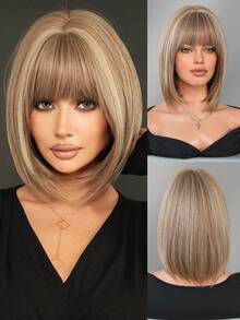 7JHH WIGS 12 Inch Flaxen Brown Short Straight Hair Wig For Women, Highlight Beige Hair Elegant Bob Wig With Bangs, Synthetic Fiber Full Machine Fake Hair For Daily Wear, Music Festivals Celebrations & Streetwear Special Use, Party Wigs Accessory - 挑染米色 - 查看 2