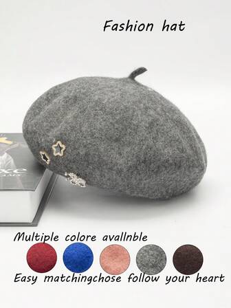 1 pieza Sombrero boina de lana de unicolor con adornos de letra, estrella y mariposa, estilo vintage palaciego con strass y perlas, sombrero de calabaza, de moda y versátil para mujer, otoño/invierno