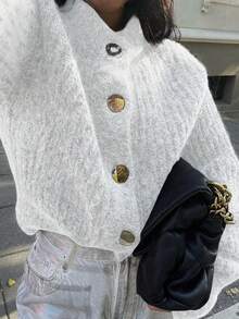 Women's New Simple Solid Color Soft Fuzzy Knit Cardigan - Light Grey - View 2