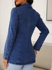 Women's Light Blue Lapel Denim Blazer - Dark Wash - View 3