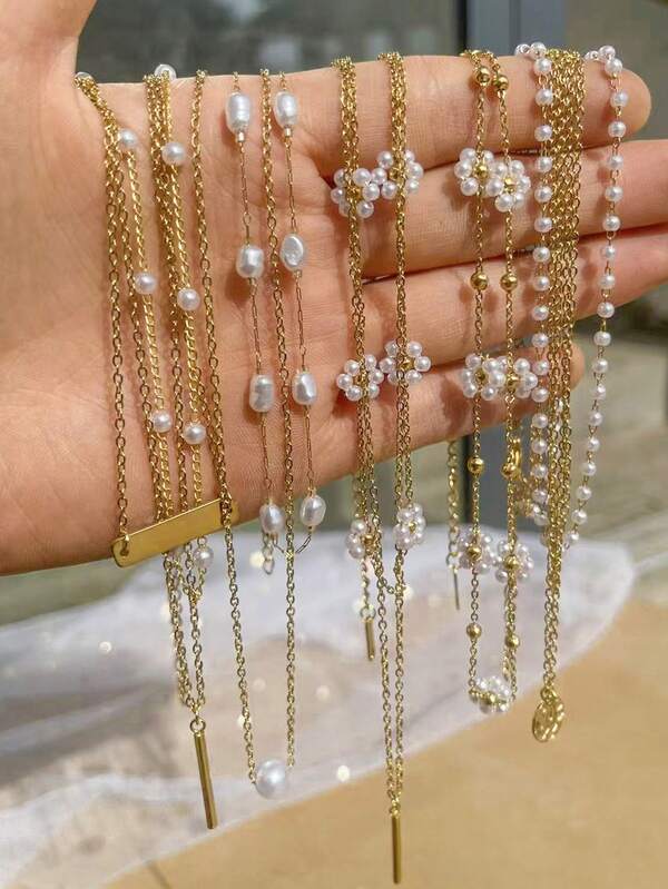 قلادة سلسلة رفيعة متعددة الطبقات من اللؤلؤ الاصطناعي، قلادة لؤلؤ من الفولاذ المقاوم للصدأ عصرية مناسبة للارتداء اليومي، مجوهرات للنساء