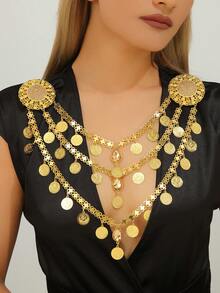 1 件夸张金币流苏女士服装配饰项链，可作为围兜项链佩戴，适合女性派对、婚礼的身体首饰 - 金色 - 查看 5