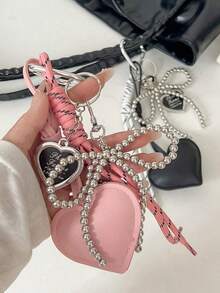 1个少女风银色珠子蝴蝶结包包挂饰，皮革心形钥匙扣吊坠，精美派对礼物 - 彩色 - 查看 7