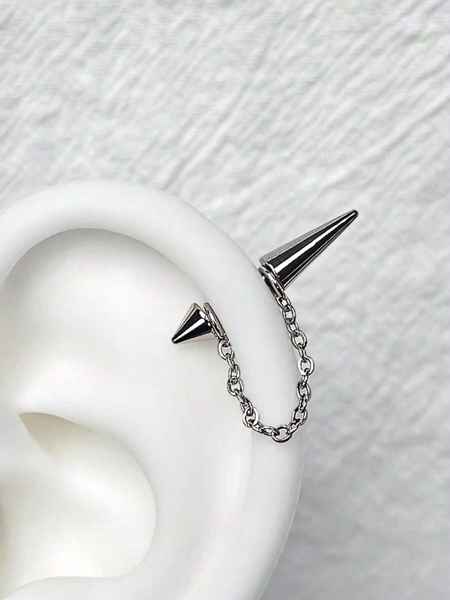 1PC Spike Helix Earring With Removable Chain Stainless Steel Earrings Helix Piercing Cartilage Piercing Gift Jewelry Punk Style Body Jewlry - Silver - View 1