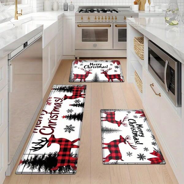 2/3pcs Christmas, Deer, "Merry Christmas!" Pine Trees, Snowflakes, Red And Black Checks, Christmas-Themed Style Flannel Soft Kitchen Rugs Non Slip Washable, Throw Mat, Non-Skid Runner Mat, Floor Mat, Doormat, Living Room Laundry Bathroom Water-Ab