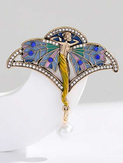 复古水钻胸针别针 - 优雅仙女造型别针，扇形翅膀设计，可搭配外套、西装、夹克 - 圣诞节/感恩节/万圣节配饰，复古镶嵌，可搭配衬衫和夹克（款式）