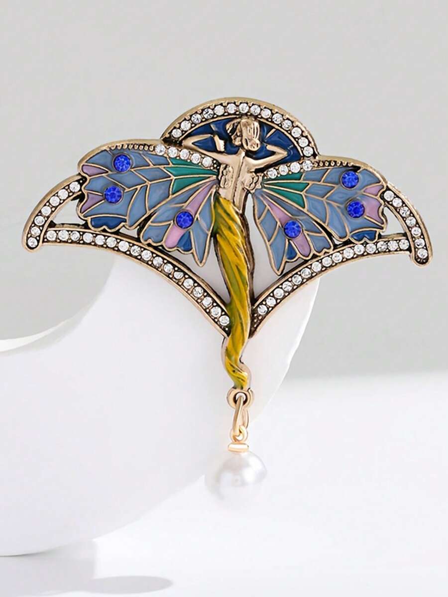 复古水钻胸针别针 - 优雅仙女造型别针，扇形翅膀设计，可搭配外套、西装、夹克 - 圣诞节/感恩节/万圣节配饰，复古镶嵌，可搭配衬衫和夹克（款式） - 彩色 - 查看 1