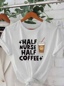 Camiseta Gráfica "Mitad Enfermera Mitad Café" Rosa Brillante para Mujer - Top de Manga Corta y Cuello Redondo, Lavable a Máquina, Versátil para Streetwear, Deportes, Vacaciones, Diseño Moderno, Ajuste Cómodo - Blanco - Ver 2