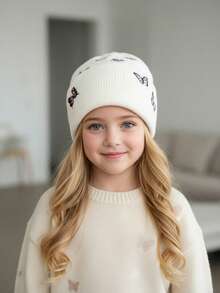 1 chiếc mũ len đan thêu hình bướm trắng cho bé gái/thanh thiếu niên, mũ len ấm áp và ngọt ngào cho mùa thu/đông - 1PC - Xem 11