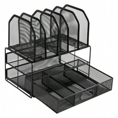 Mesh Desk Organizer With Sliding Drawer Double Tray And 5 Upright Sections Black