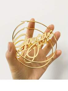 A Pair Of Custom-Made Large Name Hoop Earrings, Personalized, Simple And Stylish Name Earrings, Women's Earrings, Gold And Silver Earrings, Stainless Steel Round Hoop Earrings, Name Customization, Women's Popular Jewelry, Christmas Gift, Gift For Girlfriend, Birthday Gift And Anniversary Gift. - Multicolor - View 7