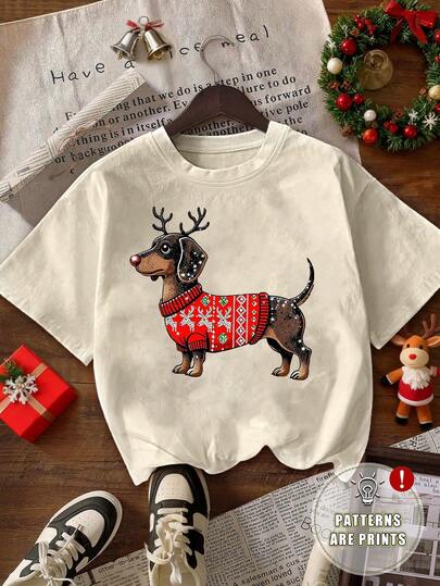 Vintage Fun Christmas Dachshund, Ladies Christmas, Children's Christmas, Holidays, Christmas, New Year, Thanksgiving, Women's Fall Clothing, Women's Winter Clothing, Christmas Tree, Women's Casual Round Neck Short Sleeve T-Shirt