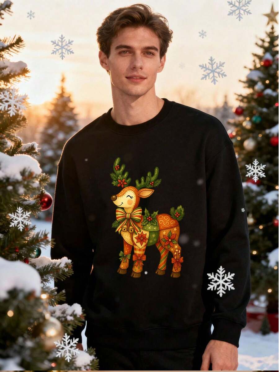 Women's Men's Christmas Reindeer Print Fleece Lined Crew Neck Sweatshirt - Perfect For Holiday Season Style And Warmth For Winter Holidays - Cozy And Soft - Black - View 1