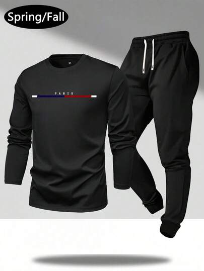 2 件男士休闲字母印花长袖 T 恤和抽绳腰裤套装，轻盈，修身，适合丈夫/男朋友的礼物，秋季服装，街头，通勤，户外活动，度假，秋季服装