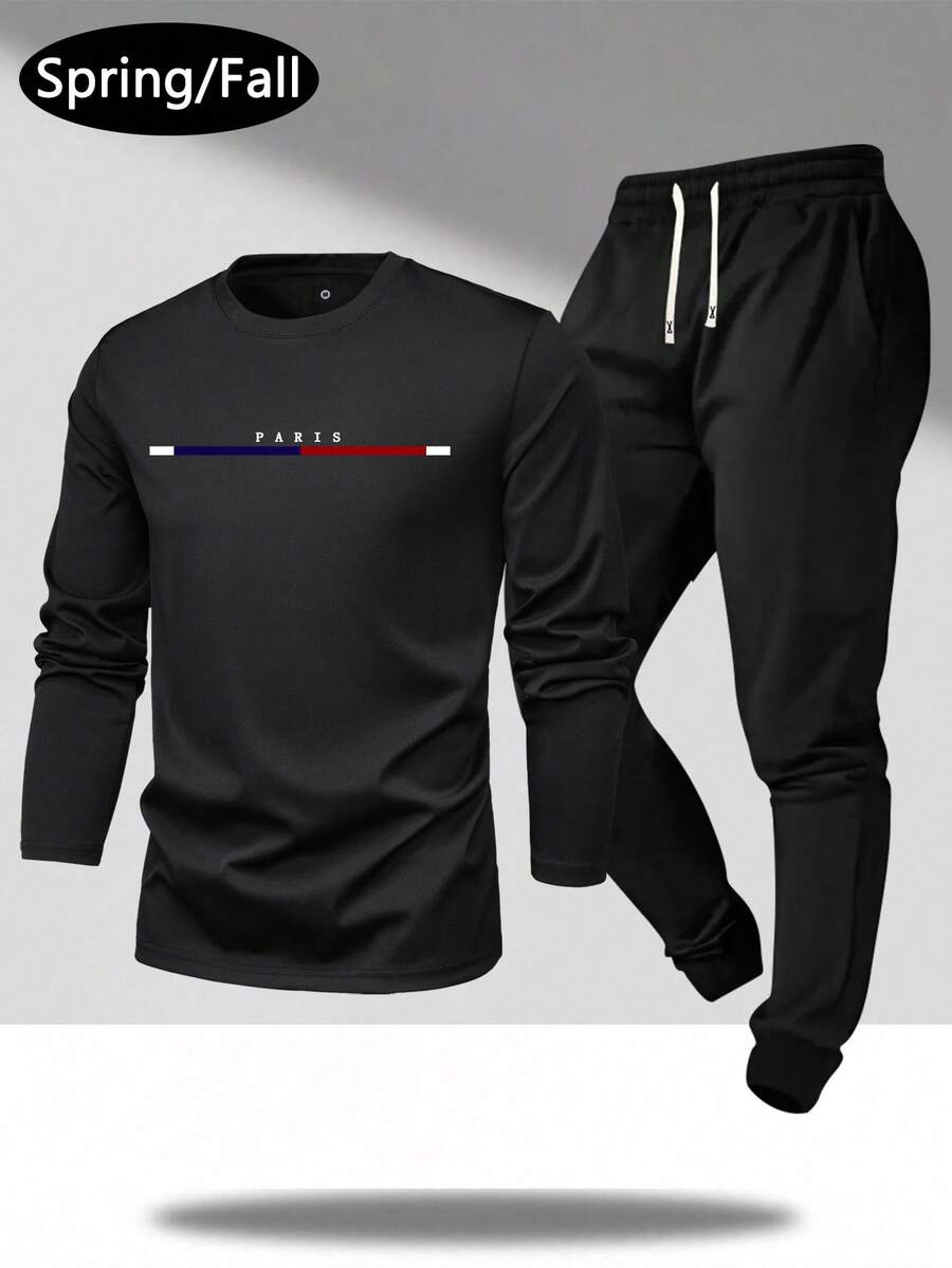 2 件男士休闲字母印花长袖 T 恤和抽绳腰裤套装，轻盈，修身，适合丈夫/男朋友的礼物，秋季服装，街头，通勤，户外活动，度假，秋季服装 - 黑色 - 查看 1