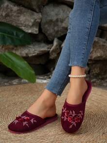 女士酒红色刺绣穆勒拖鞋，无后跟刺绣平底凉鞋，优雅休闲室内/室外透气舒适平底凉鞋 - 酒紅色 - 查看 3