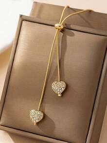 1件时尚水晶心形水钻可调节吊坠项链，适合日常佩戴、送礼、情人节 - 金色 - 查看 2
