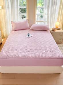 1pc Waterproof Fitted Sheet, Bedding, Bed Sheets, Plaid Fitted Sheet, Skin-Friendly Mattress Cover, Soft And Comfortable Bedding For Bedroom, Fall Decor, Halloween Decor, Room Decor, 11.8 Inch Deep Pocket Cooling Breathable Quilted Square Lattice Fitted Sheet For All Seasons, For Single, Twin, Full, Queen And King Size, Solid Color Mattress Protective Cover, Dustproof, Comfortable And Machine Washable, Halloween Gift, For All Season - 粉色 - 查看 11