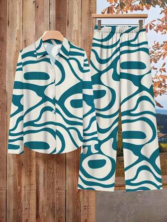 Plusstorlek Dam Jul Casual Heltryckt Tryck Knapp Fram Långärmad Skjorta Och Byxor Set, Höst