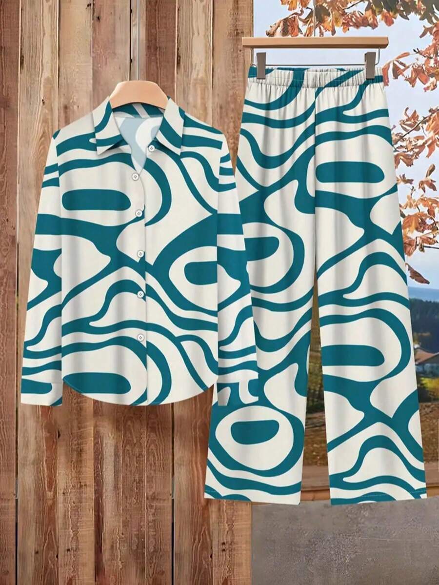 Plus Size Women Christmas Casual Allover Print Button Front Long Sleeve Shirt And Pants Set, Autumn - Baby Blue - View 1