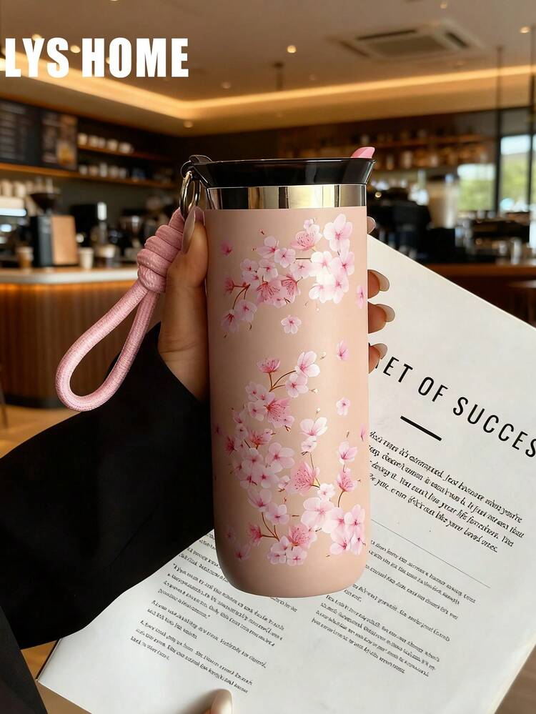 1pc 500ml Elegant Cherry Blossom Pattern Double Wall Stainless Steel Insulated Coffee Cup, Tumbler, Travel Mug, Tea Cup, Water Bottle, Suitable For Travel, Office, Home, School, Car And Other Scenarios, Christmas, Mother's Day, Valentine's Day, Birthday Gift - Multicolor - View 12