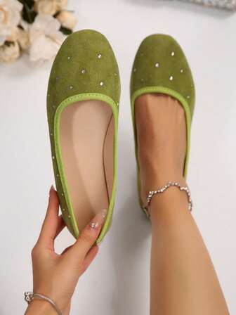 女士加大码水钻装饰平底鞋，优雅绿色麂皮休闲乐福鞋，适合日常穿着、办公室通勤，百搭舒适，软底轻便芭蕾平底鞋