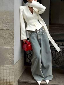 Women's Casual Minimalist Commuter Chic Shoulder Pad Tie-Up White Blazer Jacket, Elegant Simplistic For Daily Commute, Date, Valentine's Day, New Year, Spring - White - View 9