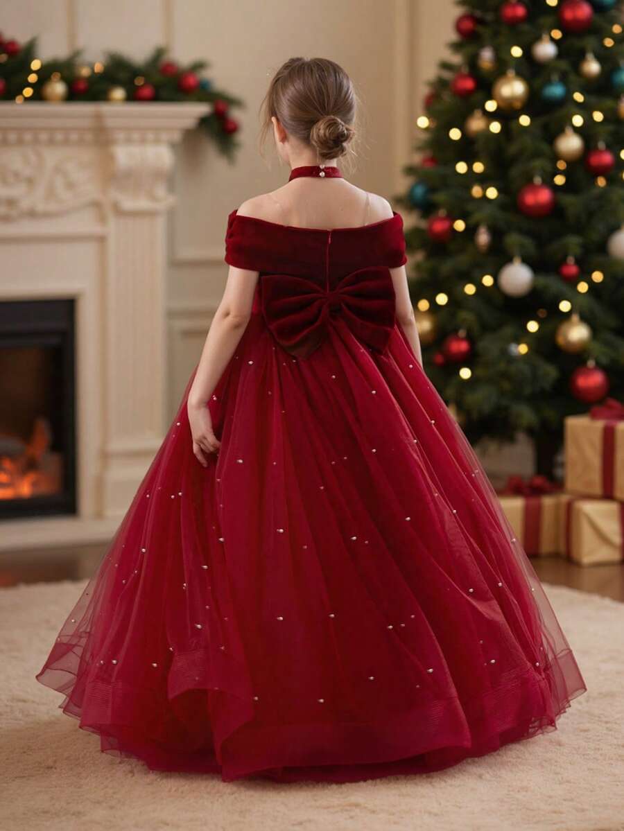 Tween Girl Christmas Dress Spaghetti Strap Bow Tulle Elegant Flower Girl Party Dress Princess Gown, Suitable For Girls Wedding, Party, Birthday, Communion, Special Occasions - 酒紅色 - 查看 1