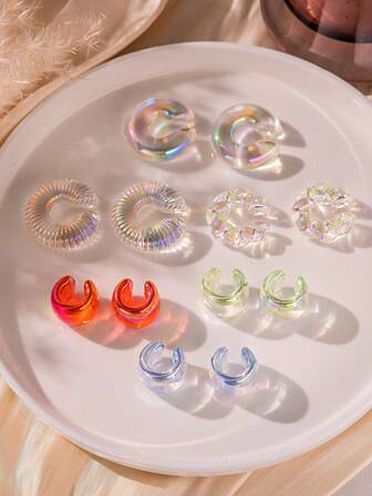 Set de 6 piezas de pendientes transparentes con efecto holográfico para mujer, sin necesidad de perforación, pendientes esenciales para fiestas/moda diaria