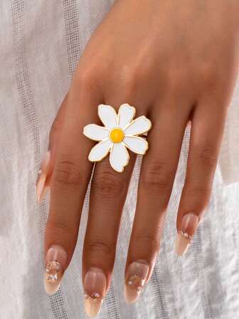 1 pieza Anillo abierto ajustable de flor de aleación de lujo y moda para mujer, adecuado para uso diario