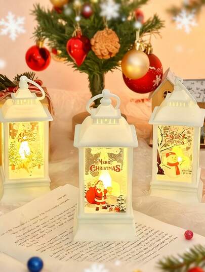 1pc 6cm X 13.5cm Creative Christmas Pattern White Plastic LED Decorative Lantern, Warm Christmas Style With Diverse Christmas Elements (Reindeer/Snowman/Santa Claus/Christmas Tree), Square With Illuminating Details For Christmas Atmosphere Decoration