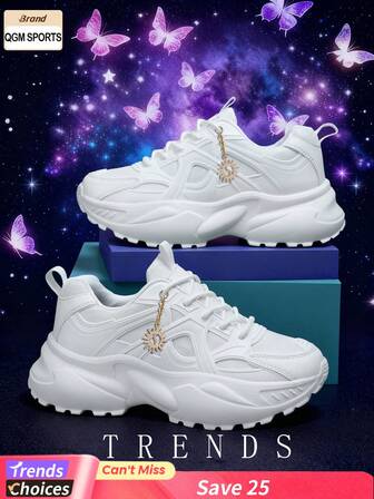 Women's Fashionable Thick-Sole Sneakers, Color-Block Round Toe Leather Lace-Up Athletic Shoes, Lightweight Breathable Sports Shoes, Non-Slip Durable Outdoor Tennis Shoes, Platform Shoes, White Trainers, Comfortable Casual Shoes