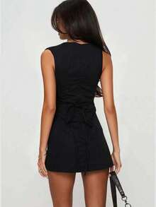 优雅时尚圆领无袖露背系带修身迷你连衣裙，春夏新品，女士连衣裙 - 黑色 - 查看 3