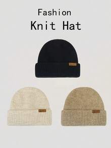 1pc Women's Knit Beanie Hat With Small Leather Patch, Warm Ear Protection, Versatile For Autumn/Winter, Suitable For Outdoor Activities