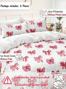 圣诞红色蝴蝶结数码印花三件套被套（1个被套，2个枕套，不含枕芯），聚酯纤维柔软亲肤，卧室装饰，适用于所有床型，理想礼物 - 彩色 - 查看 3