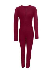 休闲经典圆领后交叉前拉链长袖连体裤紧身衣春夏新品露背