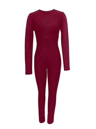 Casual Classic Crew Neck Back Cross Front Zipper Long Sleeve Jumpsuit Unitard Spring/Summer New Arrival Backless