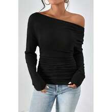 Women's Plain Minimalist Basic Ruched Asymmetrical Neck Drop Shoulder Tee, Elegance Mufti Clothes, Fall Long Sleeve T-Shirt For Everyday, Back To School T Shirts, Lady Clothes For Streetwear, Womenswear, Casual Wear - 綠色 - 查看 2