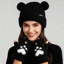 2 Pieces/Set: Cute Little Bear Ear Knitted Hats For Autumn And Winter, Ladies' Winter Hats, Plush Warm Hats, Plush Winter Half-Finger Flap Warm Thickened Mink Gloves, Soft Knitted Hat Warm Set With A Large Head, Christmas Accessories, Christmas Gifts For Family And Friends