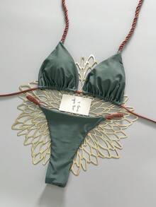 两件套几何与热带花卉印花泳衣，休闲可爱优雅性感波西米亚风系带比基尼，适合春夏海滩度假，女士套装，沙滩装，女士比基尼，女士沙滩套装 - 灰色 - 查看 1