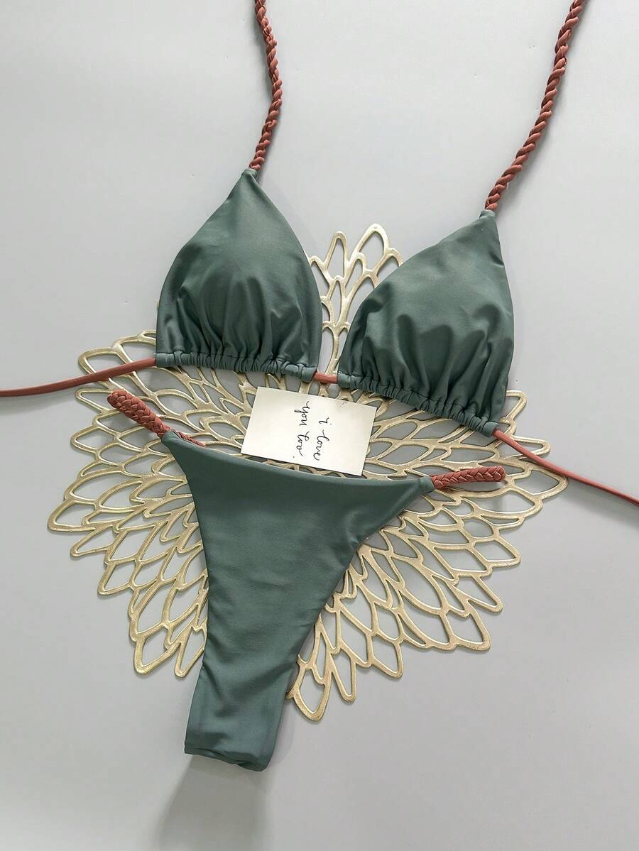 两件套几何与热带花卉印花泳衣，休闲可爱优雅性感波西米亚风系带比基尼，适合春夏海滩度假，女士套装，沙滩装，女士比基尼，女士沙滩套装 - 灰色 - 查看 1