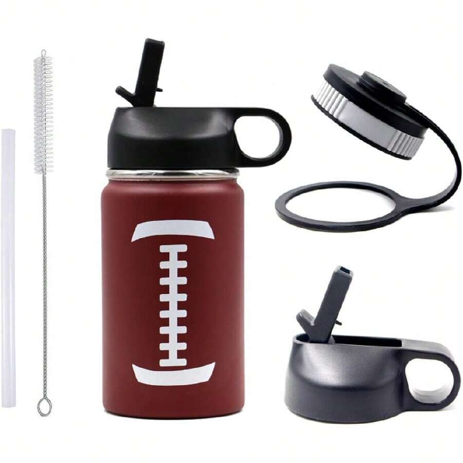 12 Oz Football Water Bottle, Sports Flask Metal Travel Mug With 2 Lids, Stainless Steel Double Wall Vacuum Insulated Leak Proof Water Bottles, Football Accessories Stuff Gifts For Boys Girls Player,27007897 - 紅色 - 查看 1