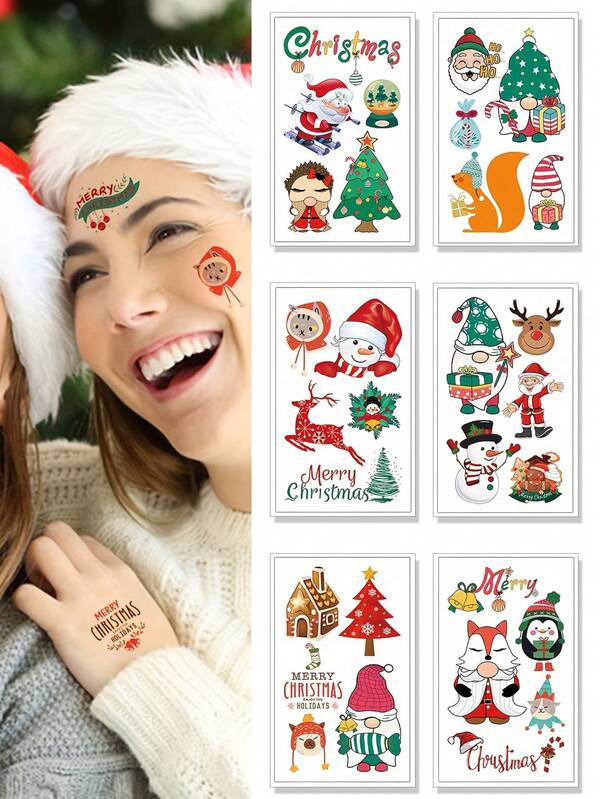 Conjunto de 10 tatuagens temporárias com tema natalino, adesivos de tatuagem falsa à prova d'água e de longa duração, decoração e lembrancinhas para festas de Natal, arte corporal, tamanho: 6x10cm